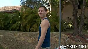 仲間たちが詳細な同性愛セックス行為に情熱的な交流とポーズで従事