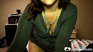 Teasing stepdaughter delivers amazing pov handjob, teasing with big ass in pantyhose.