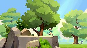 In this game review, a horny young female orc face-sits a lucky boy in nature