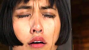 hairy asian milf toyed in hogtie, deepthroat punished choking slave rough.