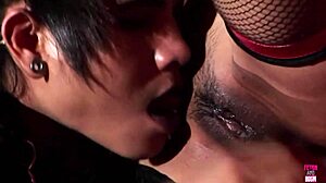 asian brunette couple bound in chains for doggystyle facial