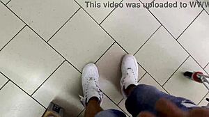 Risky public handjob leads to cumshot in supermarket