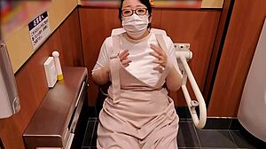asian milf masturbates in store toilet during shopping trip