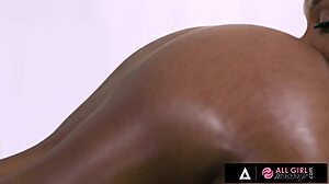 All girl massage starts as a benefit but turns into a hot threesome with three ebony lesbians