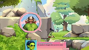 In this game review, a horny young female orc face-sits a lucky boy in nature