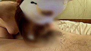 perverted japanese wife licks cum from her face after blowjob
