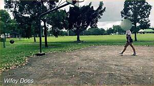 the braless milf housewife plays basketball outdoors in a short skirt with no panties