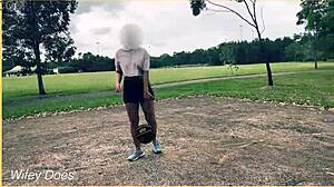 the braless milf housewife plays basketball outdoors in a short skirt with no panties