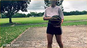 the braless milf housewife plays basketball outdoors in a short skirt with no panties