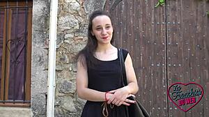 Amandine gets guided by naughty Marie in outdoor amateur sex with small tits and boobs.