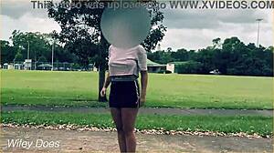 the braless milf housewife plays basketball outdoors in a short skirt with no panties