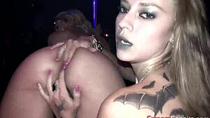 Blonde lesbian friends fuck big asses at Brazilian party with crossdressing