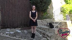 Amandine gets guided by naughty Marie in outdoor amateur sex with small tits and boobs.