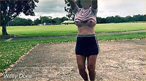 the braless milf housewife plays basketball outdoors in a short skirt with no panties