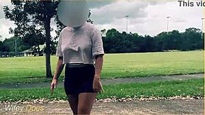 the braless milf housewife plays basketball outdoors in a short skirt with no panties