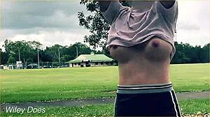 the braless milf housewife plays basketball outdoors in a short skirt with no panties