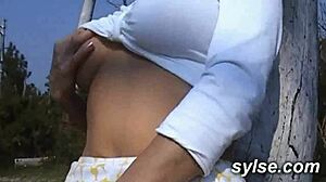 Two milfs passionately threesome with young boy in vineyard, then flash on beach