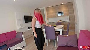 The stepson fucks his stepmother's pussy and cums inside while alone at home