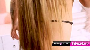 Hot Brunette Joanna Seductively Peeling Off Nylons in Lingerie at Babestation