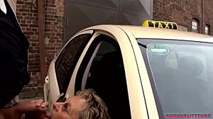 Horny milf fucks stranger in taxi and eats his cum?