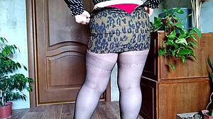 BBW milf in nylon panties and pantyhose gets cum shot on her big fat ass at home