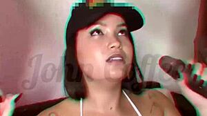 asian lina nakamura gets assfucked by big black cock until she squirts, cuckold watches jerking off