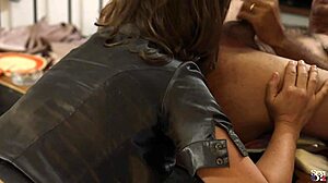 French Amateur in Leather Pants Gets Spanked and Deepthroated