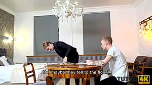 that sexy mature teacher and young guy hooking up in class, so hot!