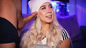 blonde bbw babe passionately sucks submissive cock in couple