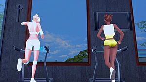 Lustful mature curvy lesbian sluts in sexy outfits perform blowbang and bukkake in gym