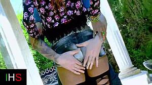 Beautiful brunette gets fucked by two guys.