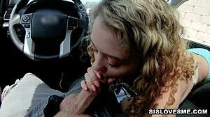 curly blonde teen spreads thick legs for stepbro to fuck wet pussy in car. 😍