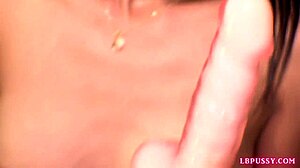 Post-op ladyboy soda toys her pussy with dildo in detailed scene