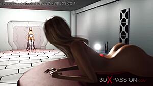 female cyborg interacts with horny girl in space station