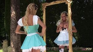 bombshell lesbians with big fake tits use sex toys to pleasure each other until they both cum together