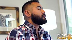 bearfilms features blindfolded gay bear avi strider jerking off big cock solo