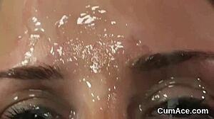 Foxy babe gets sperm load on face and eats juice.