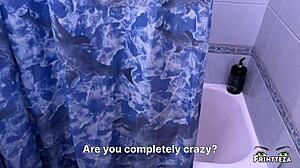 Stepson Spies on Stepmom Shower! Sucks Two Dicks for Creampie!