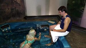 Horny BBW milf with blue eyes in public pool grotto