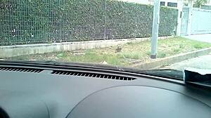 Blonde in car masturbates with sex toy