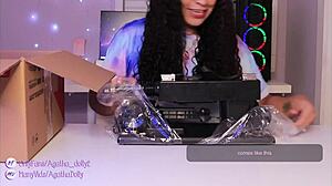 Agatha Dolly unboxes sex machine, masturbates to squirting orgasm on all fours