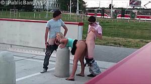 Cute girl in risky public gangbang!