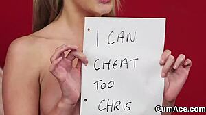 Foxy babe gets sperm load on face and eats juice.