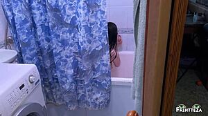 Stepson Spies on Stepmom Shower! Sucks Two Dicks for Creampie!