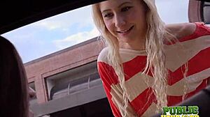 blonde fame seeker odette delacroix gives public handjob audition at the park with cumshot facial