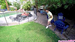 Busty MILF gets caught by pool and fucked hard