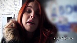 a spanish redhead amateur flashes her titties in public, caught on camera