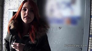 a spanish redhead amateur flashes her titties in public, caught on camera