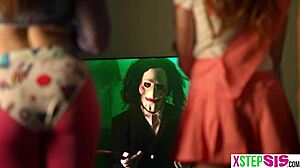 Stuck with teen stepsister and BFF for Halloween threesome!