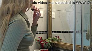 omg, my sexy blonde wife switching panties in bathroom, caught her hot curves on cam!